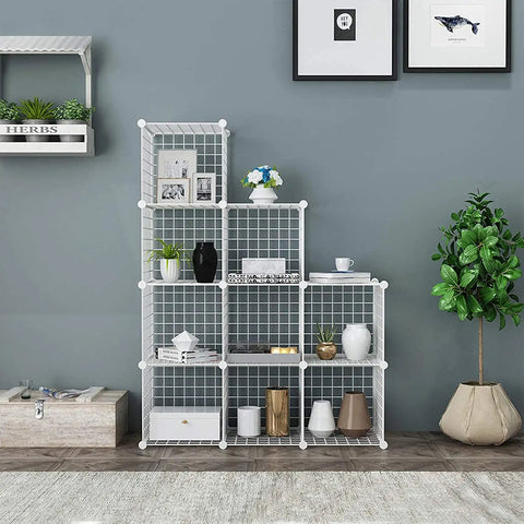 9-Cube Wire Storage Organizer System, Metal Grid Shelving, Modular Bookshelf and Closet Cabinet for Home Office Living Room, White Finish