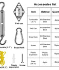 Heavy Duty Stainless Steel Shade Sail Hardware Kit For Triangle Square And Rectangle Sails Rust Proof 304 Stainless items shown.