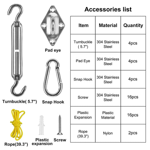 Heavy Duty Stainless Steel Shade Sail Hardware Kit For Triangle Square And Rectangle Sails Rust Proof 304 Stainless items shown.