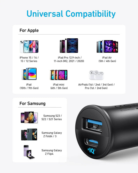 Rapid 30W USB C Car Charger With Dual Ports Type C Power Delivery And PowerIQ 3.0 compatible with Apple and Samsung devices