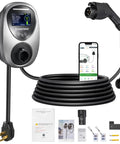 Level 2 EV Charger With 48 Amp 240V NEMA 14-50 Plug charges your daily driver, featuring LCD screen, J1772 connector, and Tesla adapter.