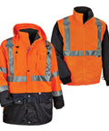 High Visibility Reflective Thermal Jacket Set With Outer Rain Shell Four In One Design For Work In Minus Thirty Fahrenheit Weather Includes Zip Off Sleeves Fleece Liner Windproof And Waterproof Protection displayed as a full jacket and separate vest.