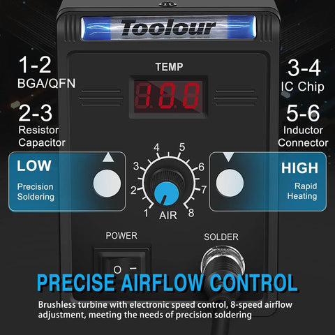 Close-up of Hot Air Rework Station 110V SMD Soldering Kit airflow controls with temperature display and adjustment knob.
