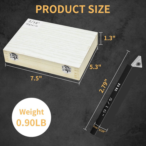 Five-piece SENDUO 5/16 in carbide turning inserts holder set in a wooden storage box with metal latches.