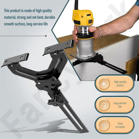 Rock Solid Router Edge Guide For Knockout Precision Cuts On DeWalt Fixed Base Compact Tools And Porter Cable Sub Bases shown attached to a router.