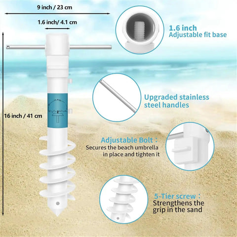 Universal Beach Umbrella Sand Anchor with 5 spiral screw design, stainless steel handles, windproof sand base for 1.6 inch poles.