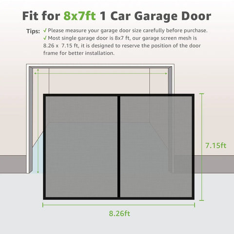 Diagram showing Heavy Duty 8x7 Foot Garage Screen Door With Magnetic Closure dimensions for standard garage fitting.