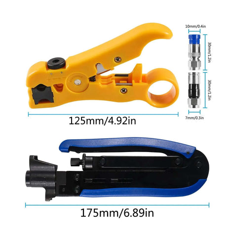 Adjustable Coax Cable Crimp Kit With Stripper And 20 F Compression Connectors For RG6 RG59 RG11 tools with measurements