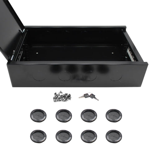 Bulletproof 2U Wall Mount Network Cabinet Featuring Lockable Solid Door And Heavy Gauge Black Steel Frame with keys and mounting hardware.