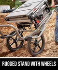 Tough Workhorse 10 Inch Worm Drive Table Saw With Rolling Stand And Precision Fence That Cuts Like Butter For Deep Slicing And Fast Rip Work In Garage Shops on rugged wheeled stand.