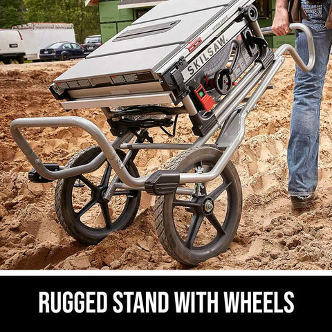 Tough Workhorse 10 Inch Worm Drive Table Saw With Rolling Stand And Precision Fence That Cuts Like Butter For Deep Slicing And Fast Rip Work In Garage Shops on rugged wheeled stand.