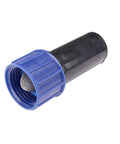 Close-up of compression swivel adaptor with washer; blue collar on black body for 5/8 in tubing to 3/4 in MHT hose bib