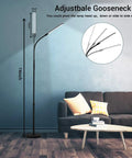 Minimalist black LED floor lamp with adjustable height, depicted in a living room setting, showcasing its stepless dimming feature.