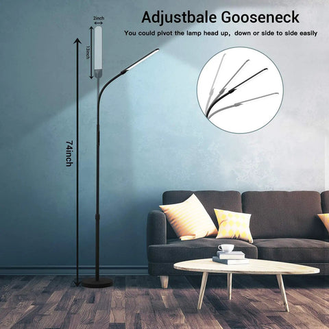 Minimalist black LED floor lamp with adjustable height, depicted in a living room setting, showcasing its stepless dimming feature.