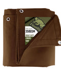 Rugged Heavy Duty Canvas Tarp 4x4 ft with rustproof aluminum grommets, close-up view of folded tan tarpaulin cover.