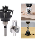 Smooth Operator Aluminum Dowel Jig Kit With Bench Dog Hole Drill Guide And Chamfer Reamer Burr Removal Tool shown from various angles with drill bit.