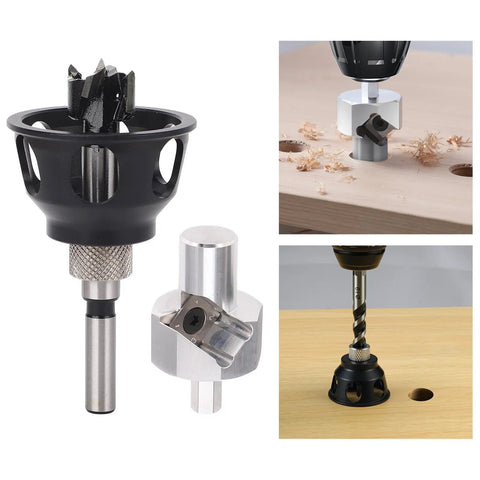 Smooth Operator Aluminum Dowel Jig Kit With Bench Dog Hole Drill Guide And Chamfer Reamer Burr Removal Tool shown from various angles with drill bit.