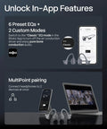 Next Level Open Ear Bone Conduction Bluetooth Sport Headphones In Black showing in-app features and MultiPoint pairing.