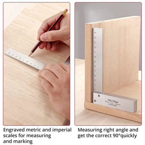 XUNTOP 4-piece machinist square set; left: marking wood with metric ruler; right: 90° steel square with 2–6 in.