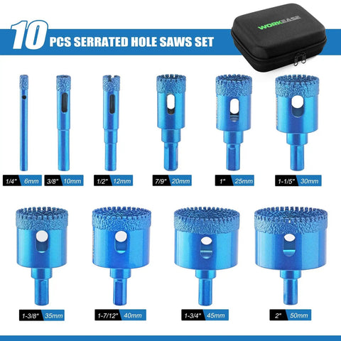 Diamond Hole Saw Kit 10 Piece Brazed Diamond Tile Drill Bits Set With EVA Guide Jig For Ceramic Tile Glass Granite Marble Dry And Wet Cutting 6-50mm Includes Storage Bag