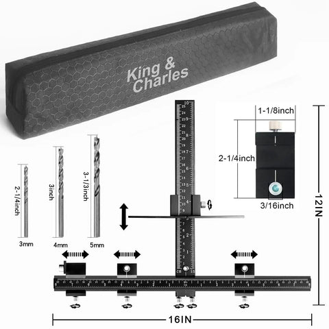 Heavy Duty All Aluminum Cabinet Hardware Jig With Three Precision Point Drill Bits For Straight Up Door Hinge Positioning And Top Tier Diy Woodworking Crafts, showing alignment template and drill bits.