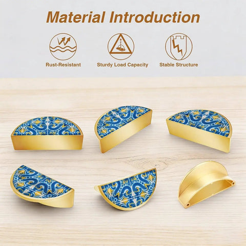 Azulejo Style Portuguese Tile Cabinet Handles 2 Pack 3 Inch Center Hole Semicircle Drawer Pulls Solid Zinc Alloy Hardware Gold Finish