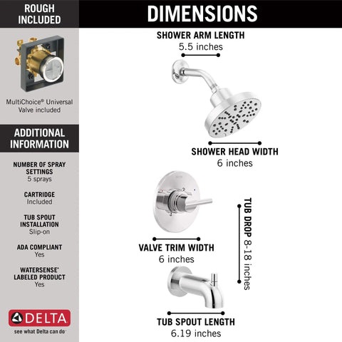 Diagram of Nicoli 14 Series H2Okinetic Bathtub And Shower Faucet Set With dimensions and MultiChoice Universal Valve details.