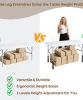 Comparison of table height adjustments using Four Pack Legit Heavy Duty Table Leg Extenders Adjustable Risers for Folding Tables.