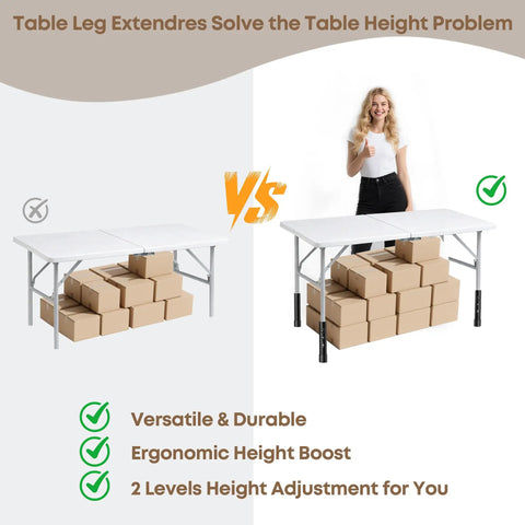 Comparison of table height adjustments using Four Pack Legit Heavy Duty Table Leg Extenders Adjustable Risers for Folding Tables.