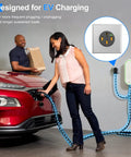 Man and woman using Beefy 50 Amp EV Outlet 14 50R Receptacle For 240V Level 2 Charging with electric car in garage setting.