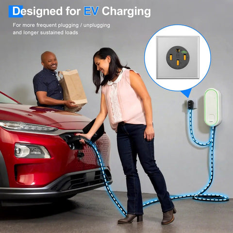 Man and woman using Beefy 50 Amp EV Outlet 14 50R Receptacle For 240V Level 2 Charging with electric car in garage setting.