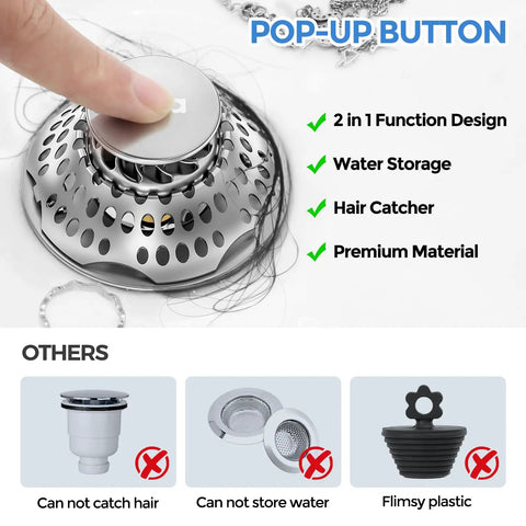 Press Down Bathtub Drain Stopper And Hair Catcher Pop Up Plug With 3 In 1 Rock Solid Build, close-up of pop-up button in silver.
