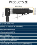 Heavy Duty Right Angle Air Die Grinder Delivers 20K RPM Torque dimensions, 6.1 in aluminum tool size for tight space jobs.