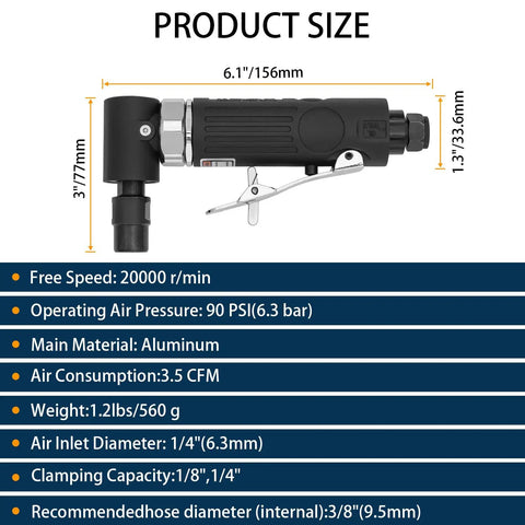 Heavy Duty Right Angle Air Die Grinder Delivers 20K RPM Torque dimensions, 6.1 in aluminum tool size for tight space jobs.
