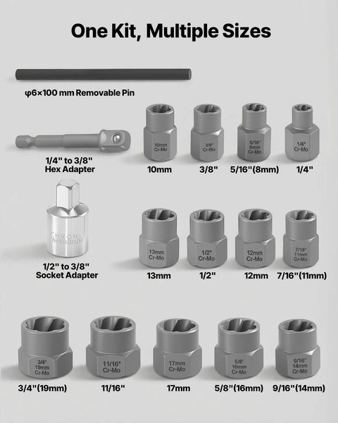 Image of the 16-Piece Bolt Extractor Kit with adapters and pin punch, showing various sizes of CrMo steel extractors and adapters.