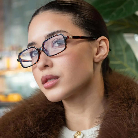 Retro Rectangle Blue Light Glasses For Women And Men with Leopard Print Tortoise Shell Frames, worn by a model for screen time