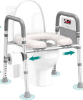 Heavy Duty Aluminum Toilet Seat Riser For Seniors With Sturdy Handle Bars And Thick Memory Padded Cushion Takes 400 Pounds No Sweat Install Quick Bathroom Swap, adjustable height and secure fit.