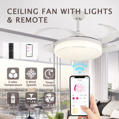 42 Inch Retractable Ceiling Fan With Remote And LED Light Modern White Enclosed Ceiling Fan With Invisible Blades