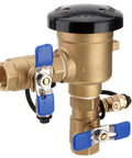 SPARKWHIZ 3/4 in pressure vacuum breaker/backflow preventer with blue-handled valves and black cap front view