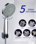 Rainfall Dual Shower Head Combo with 8-Inch Rain Head and 5-Function Handheld Spray showing 5 spray patterns display