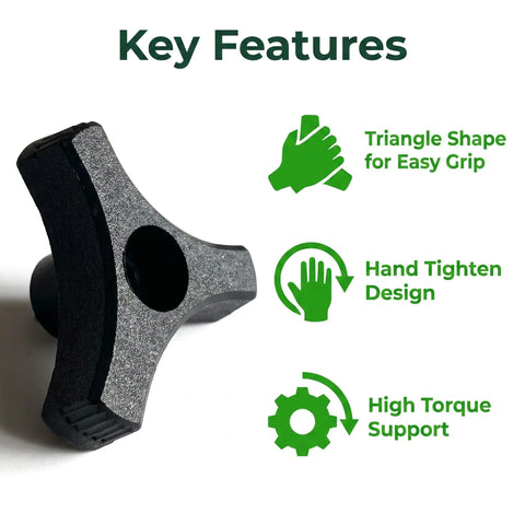 Black Plastic Knob With 3/8-16 Three-Prong Wing Nut, showing triangle shape for easy grip, hand tighten design, high torque support.