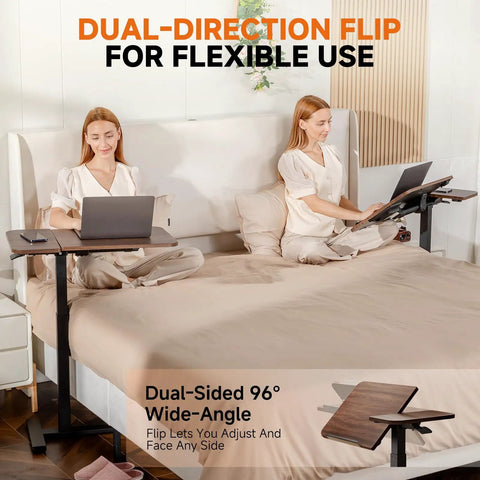 Tiltable Mobile Standing Desk With Wheels Pneumatic Height Adjustable Overbed Table for Laptop and Meals beside bed, walnut