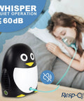 Kid Friendly Penguin Nebulizer Kit With Portable Compressor For Easy Breathing Pediatric Aerosol Nebulizer System Quiet Durable On The Go Great For Asthma And Allergy Relief Pack Of 4 shown next to sleeping child with mask