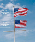 Two American flags on a flagpole against blue sky. Made In USA Outdoor 3x5 American Flag With Premium 200D Nylon Embroidered Stars.