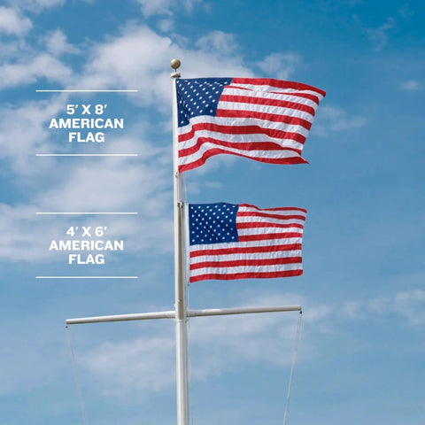 Two American flags on a flagpole against blue sky. Made In USA Outdoor 3x5 American Flag With Premium 200D Nylon Embroidered Stars.