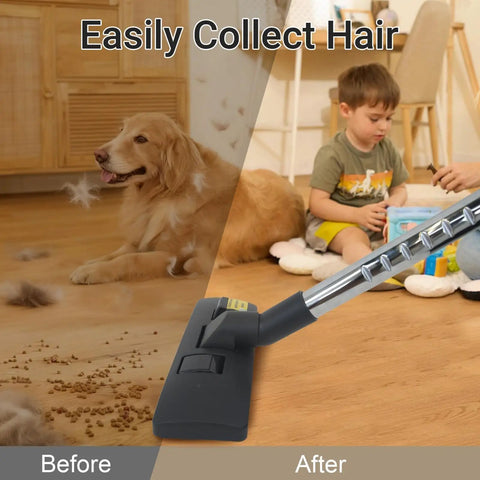 Before and after using one and one quarter inch vacuum floor brush with two in one head for hard floors and carpets with 35mm adapter