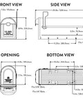 Technical diagram of Winston Post Mount Mailbox in rubbed bronze, showing front, side, opening, and bottom views with measurements.