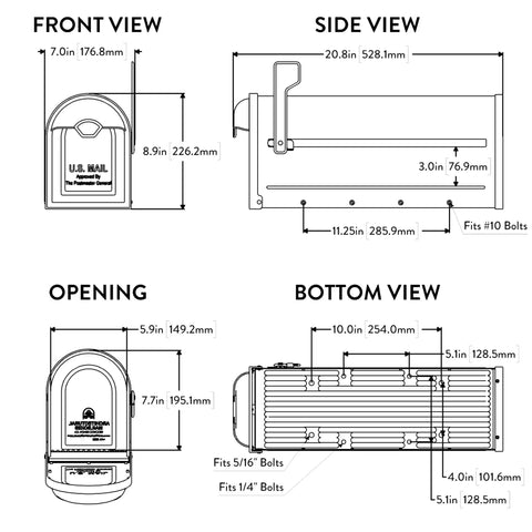 Winston Nickel Flag Post Mount Mailbox Black Medium Outdoor Mailbox With dimensions and mounting diagram.