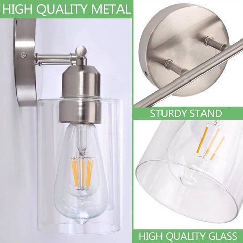 Two Light Brushed Nickel Bathroom Vanity Light With Clear Glass Shades, Indoor Wall Sconce featuring high quality metal and glass