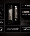 Blazing Fast 1TB X2 Max Portable SSD With 1000 MB Per Second Transfer, USB 3 Gen2, dual Type C and Type A ports, black design
